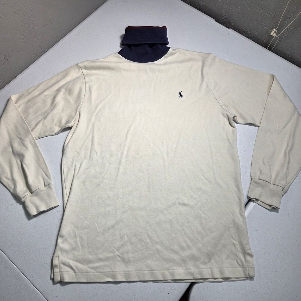 ​Polo Ralph Lauren Turtleneck Mens M Cream Off White Navy Blue Contrast Roll